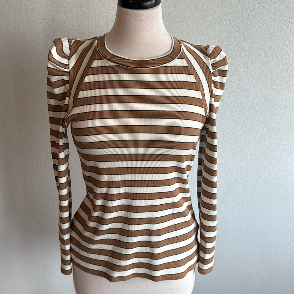 Veronica Beard Brown and White Striped Long Sleeve Top